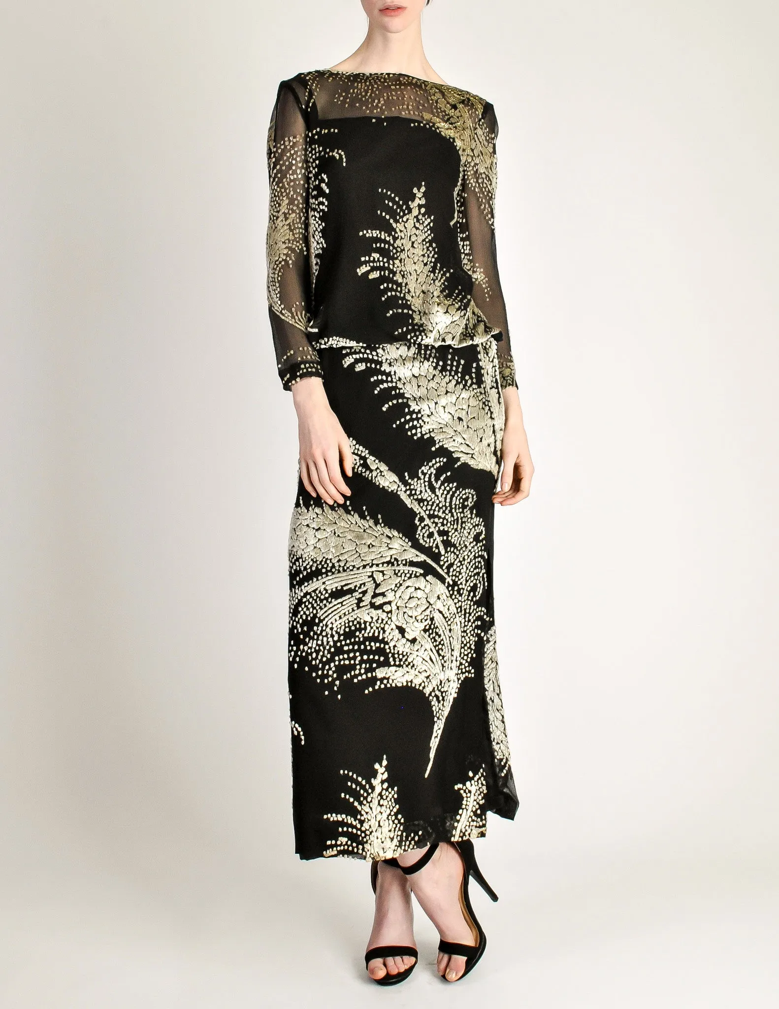 Celine Vintage Black Sheer Silk Embroidered Fuzzy Gold Tinsel Dress