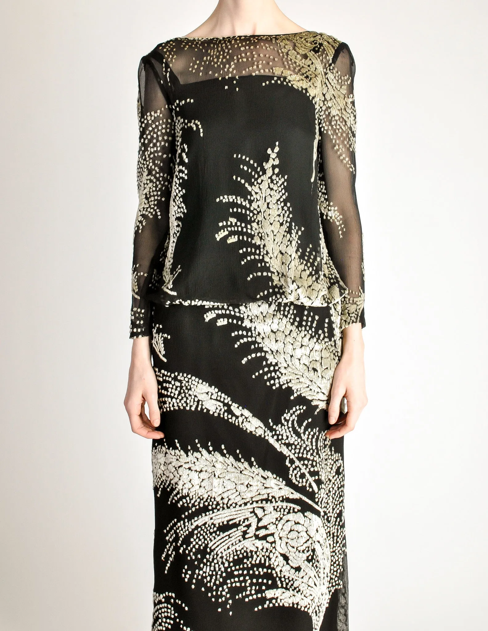 Celine Vintage Black Sheer Silk Embroidered Fuzzy Gold Tinsel Dress