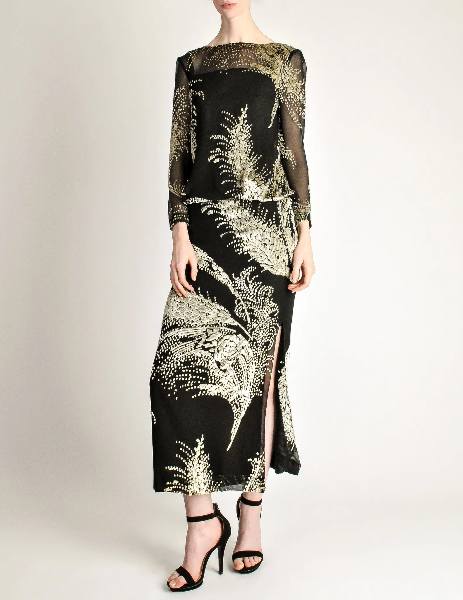 Celine Vintage Black Sheer Silk Embroidered Fuzzy Gold Tinsel Dress