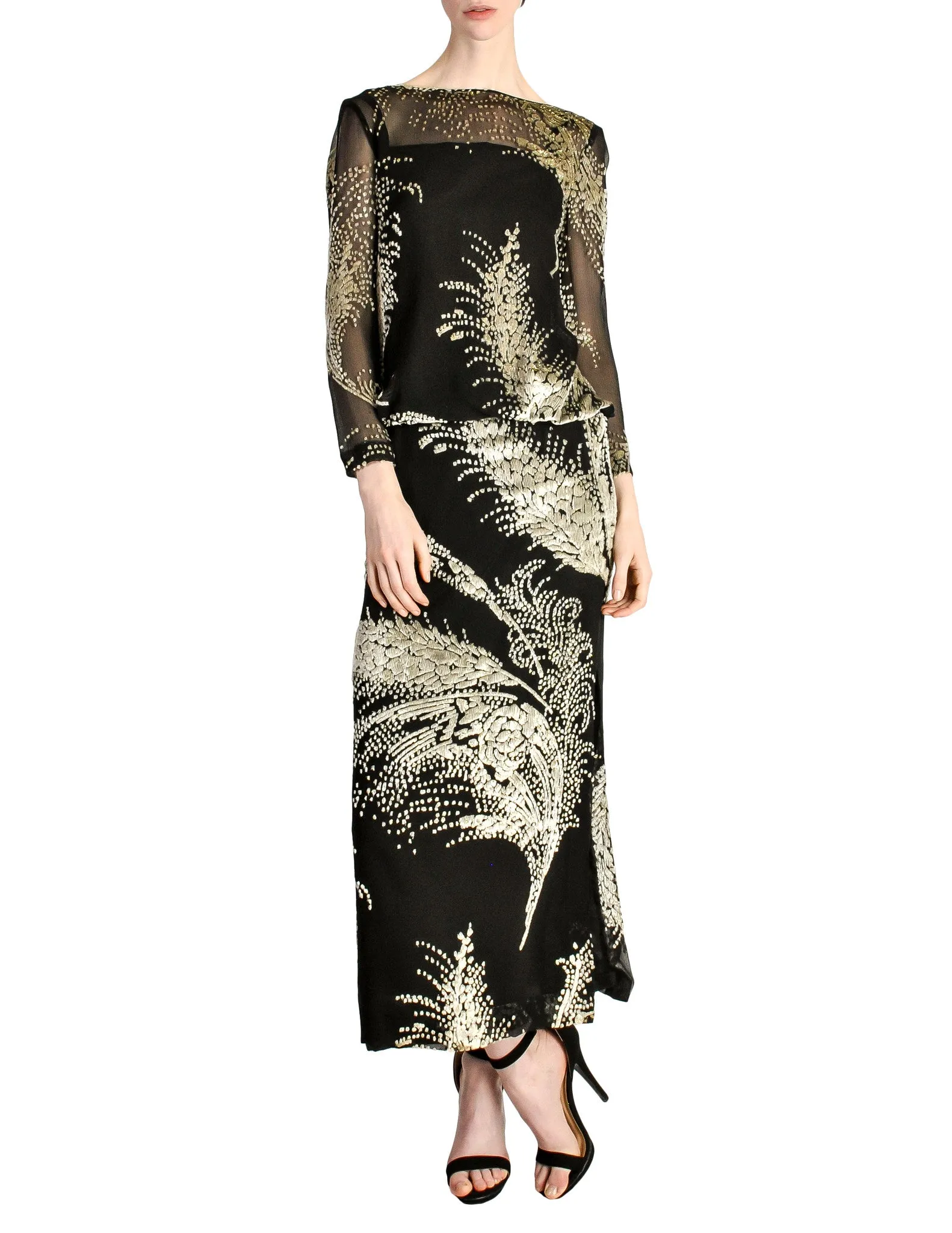 Celine Vintage Black Sheer Silk Embroidered Fuzzy Gold Tinsel Dress