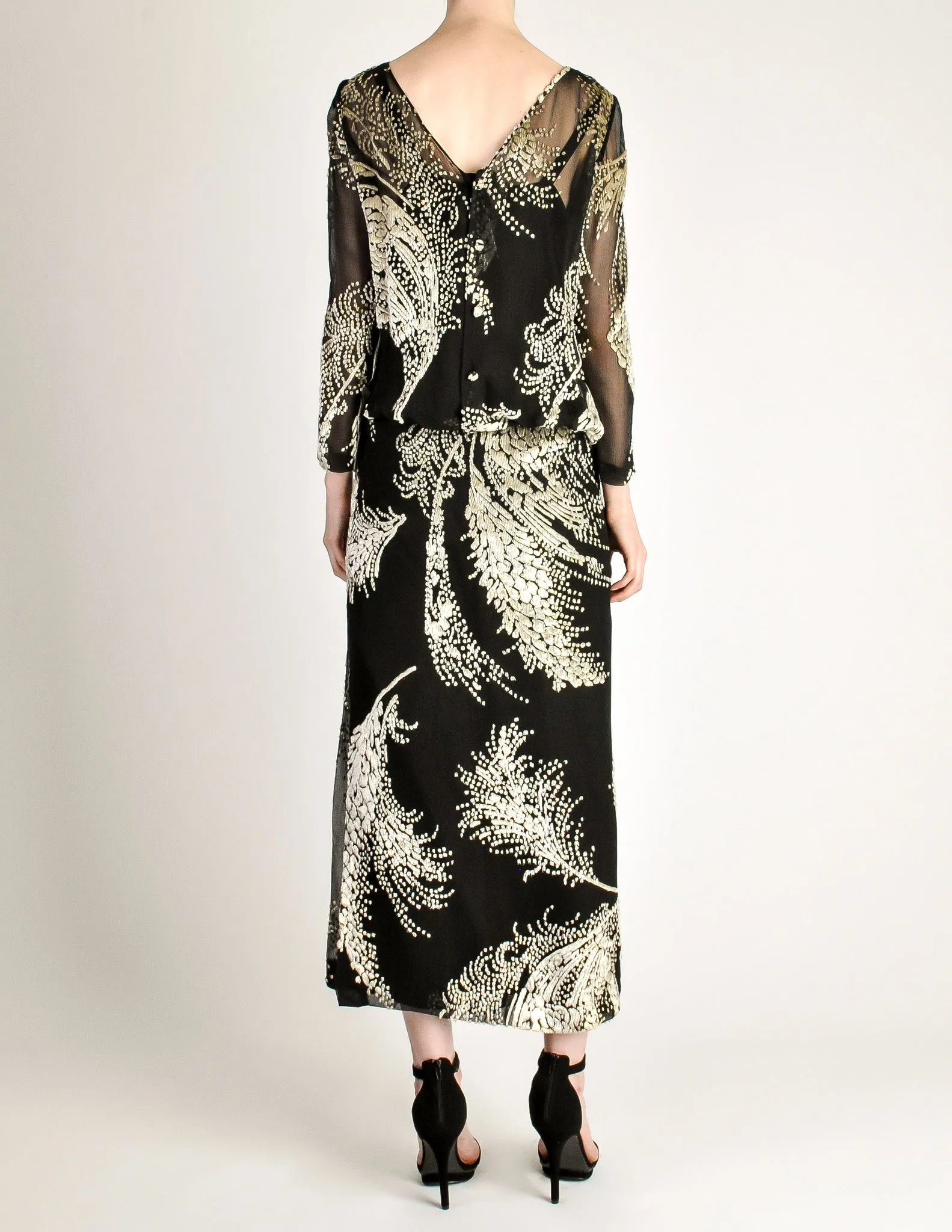 Celine Vintage Black Sheer Silk Embroidered Fuzzy Gold Tinsel Dress