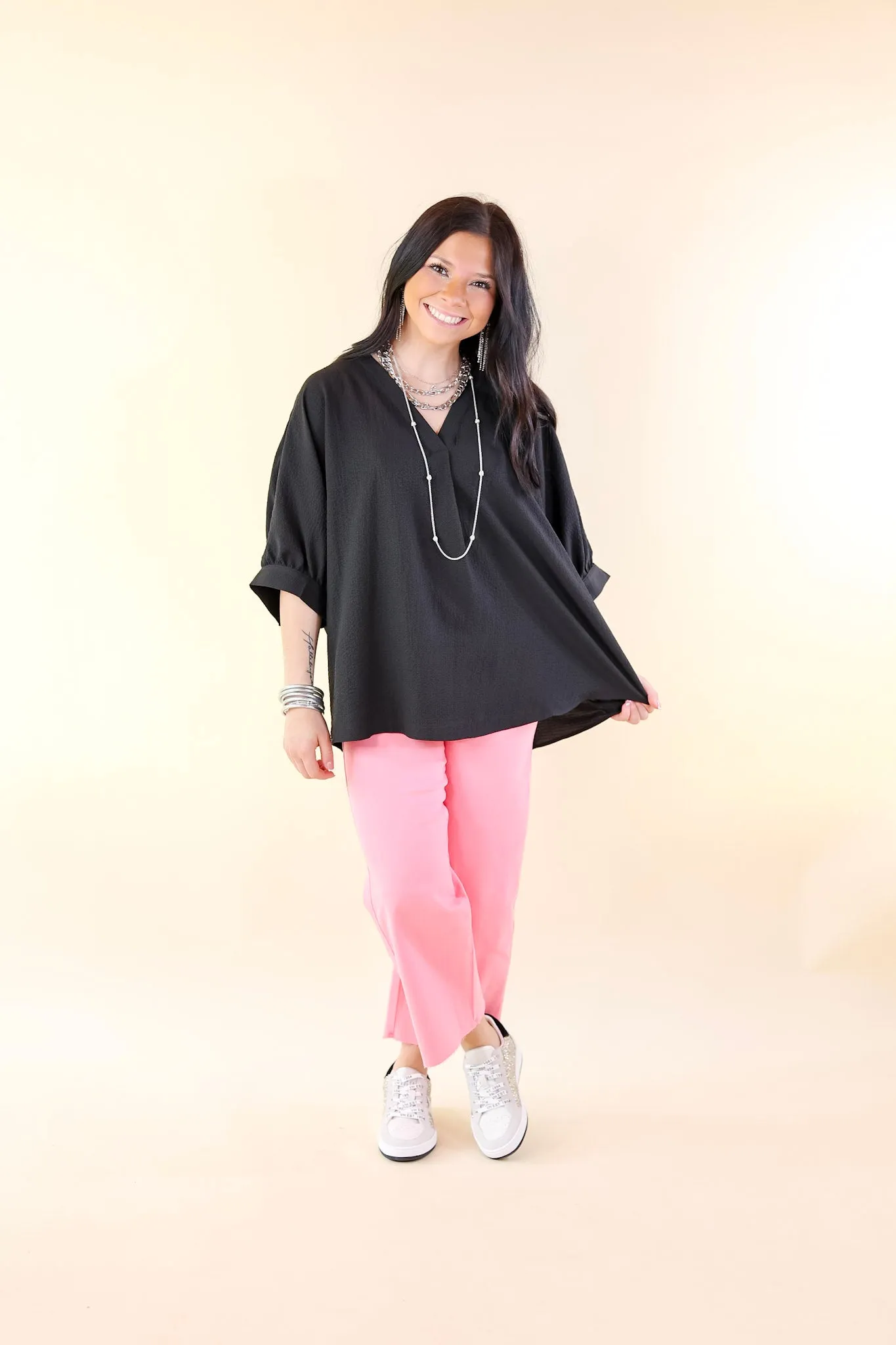 Chic and Charming V Neck Poncho Top with 3/4 Sleeves in Black