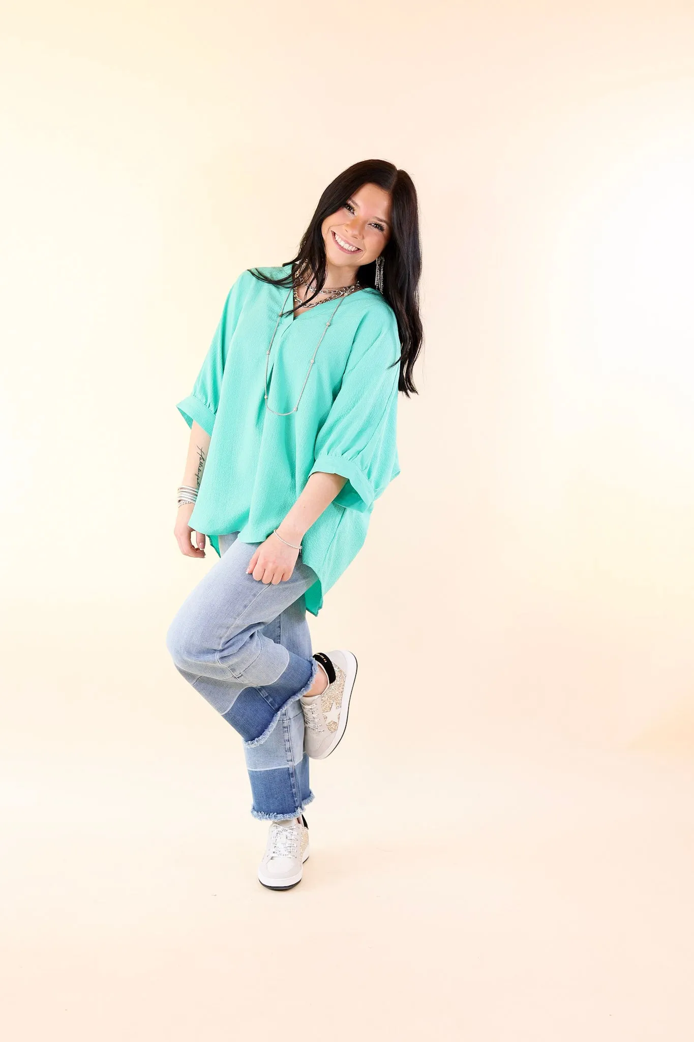 Chic and Charming V Neck Poncho Top with 3/4 Sleeves in Emerald Green