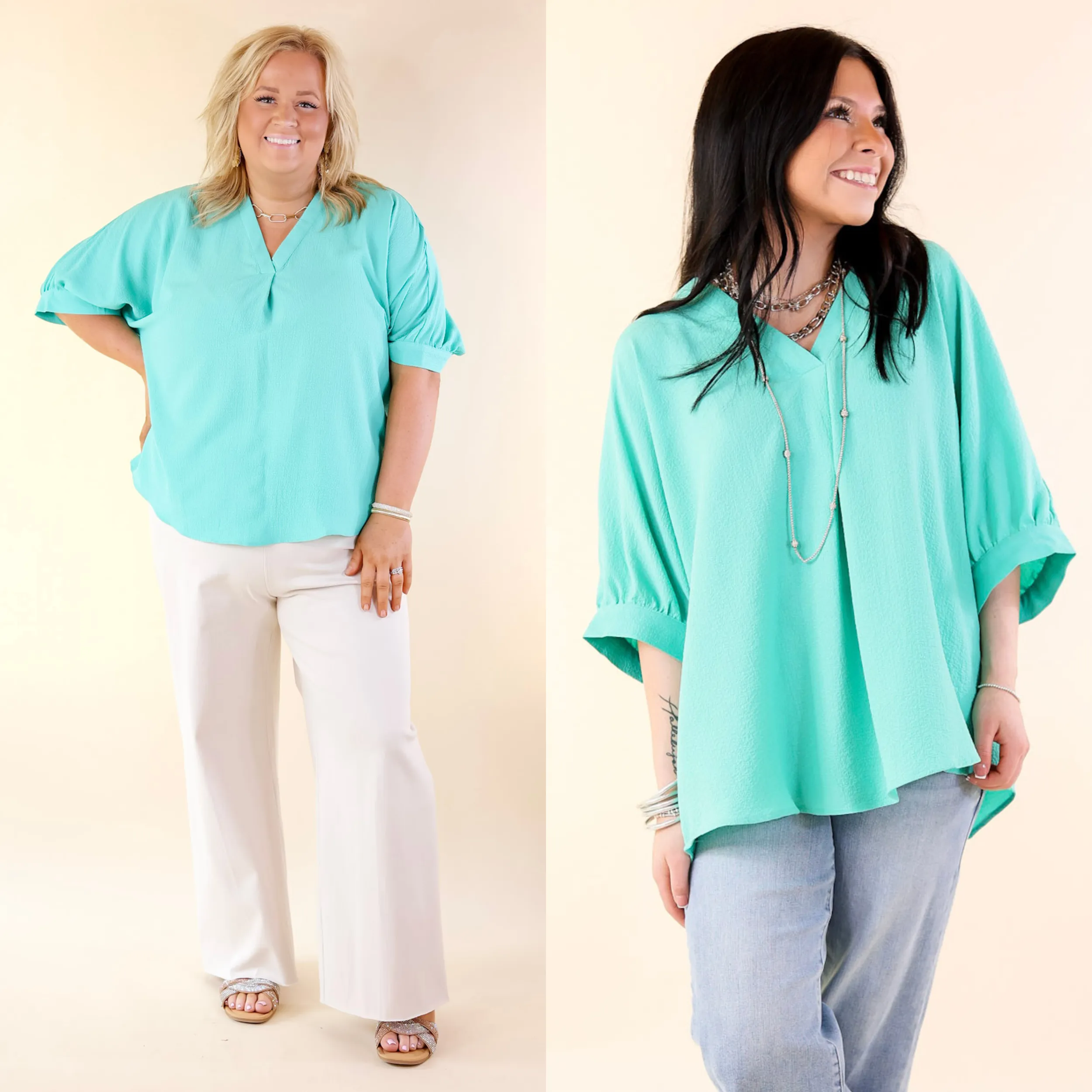 Chic and Charming V Neck Poncho Top with 3/4 Sleeves in Emerald Green