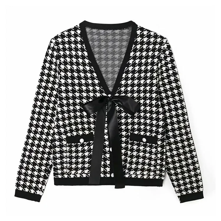 Chiffon Check Ribbon Bow V-neck slim long sleeve knitted coat  7224