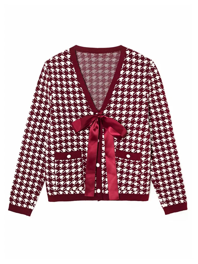 Chiffon Check Ribbon Bow V-neck slim long sleeve knitted coat  7224