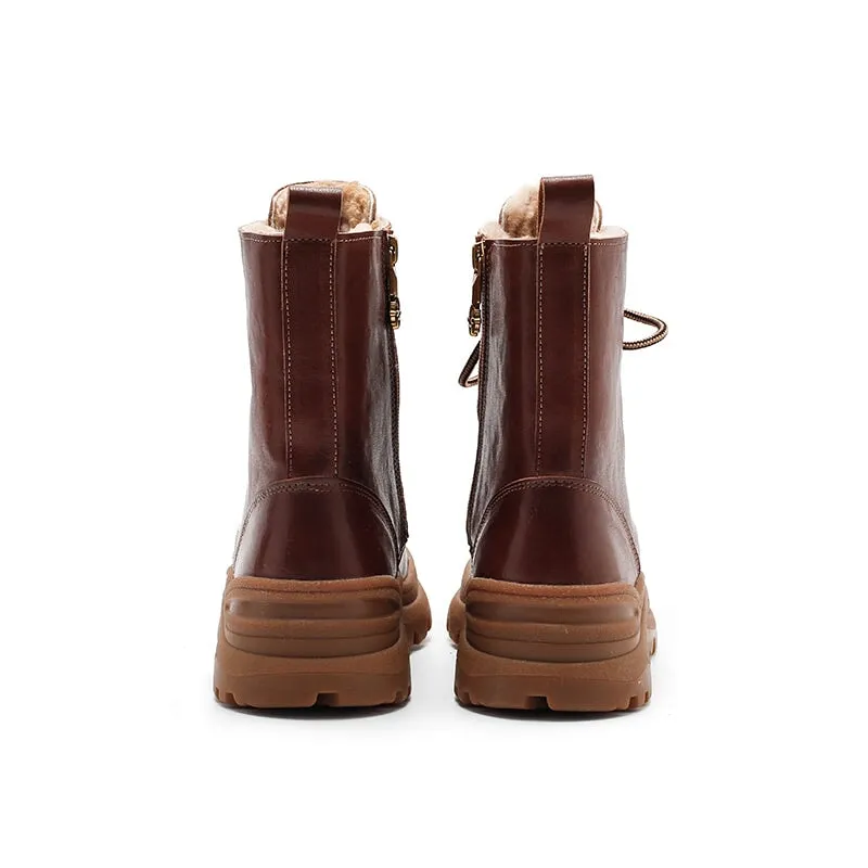 Chunky Riding Boots Leather Combat Boots Designer Shoes in Coffee/Black Have Shearling Lined