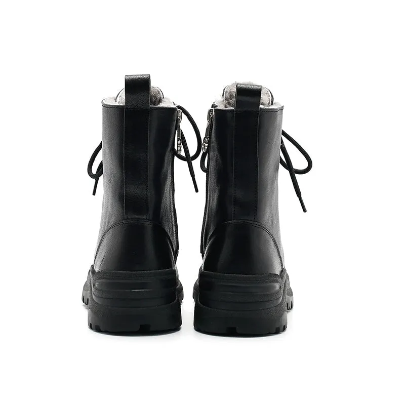 Chunky Riding Boots Leather Combat Boots Designer Shoes in Coffee/Black Have Shearling Lined