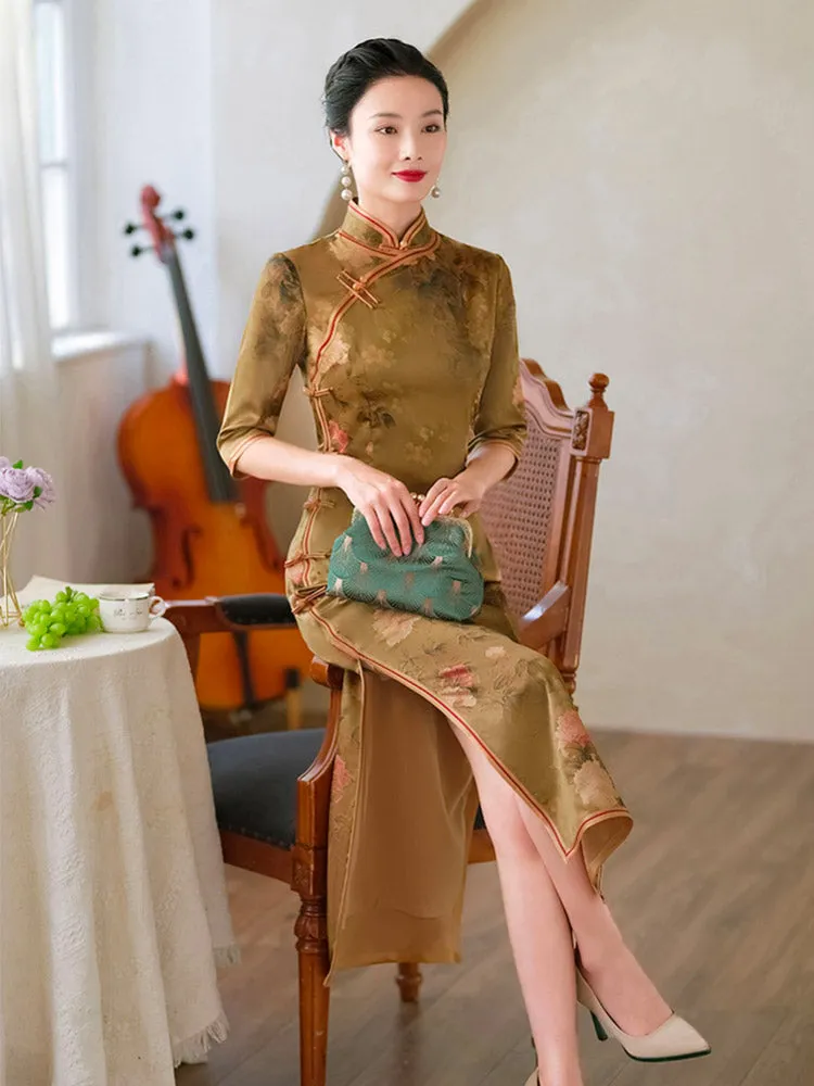 Classic Chinese Style Printed Pattern Brown Mid-length Sleeve Cheongsam Dress for Women