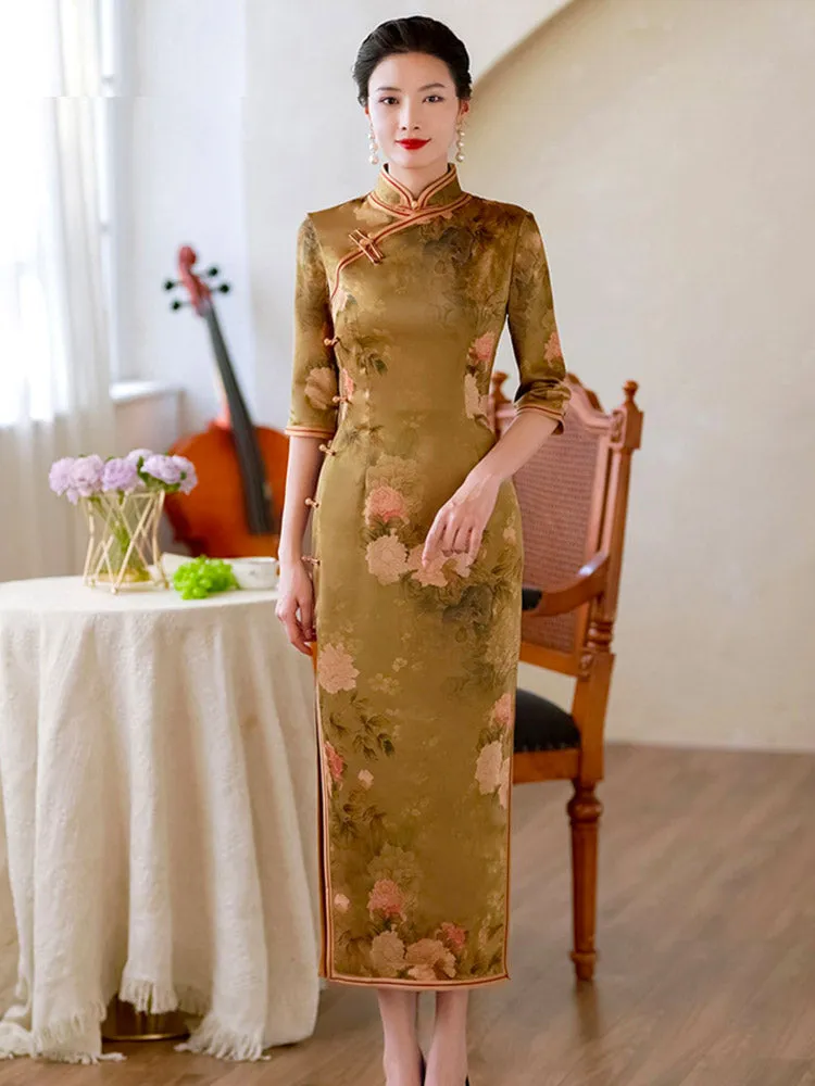 Classic Chinese Style Printed Pattern Brown Mid-length Sleeve Cheongsam Dress for Women