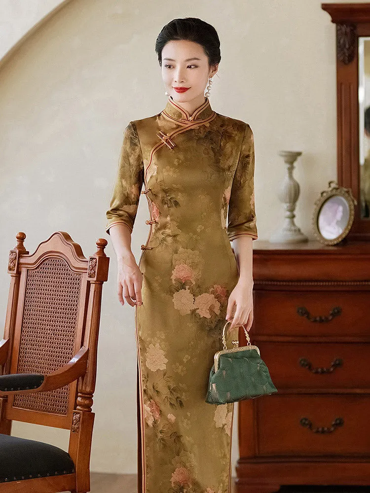 Classic Chinese Style Printed Pattern Brown Mid-length Sleeve Cheongsam Dress for Women