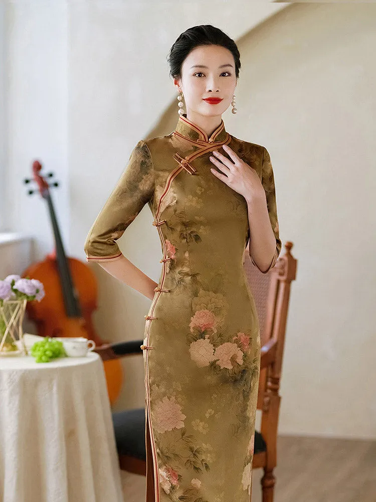 Classic Chinese Style Printed Pattern Brown Mid-length Sleeve Cheongsam Dress for Women