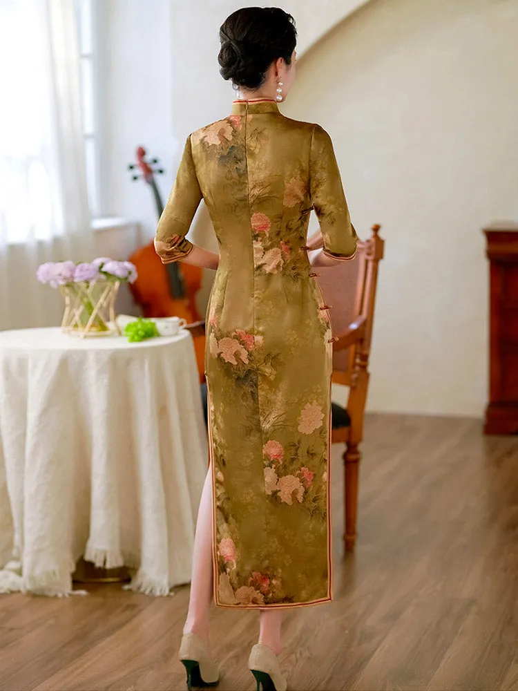 Classic Chinese Style Printed Pattern Brown Mid-length Sleeve Cheongsam Dress for Women