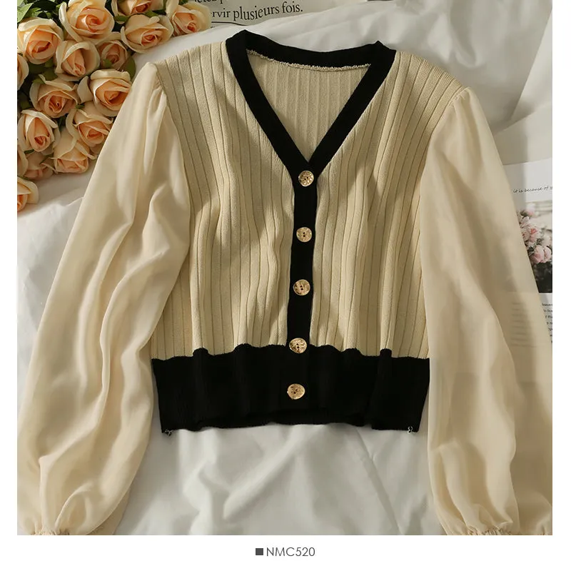 Contrast color stitched Chiffon bubble long sleeve T-shirt for women  1722