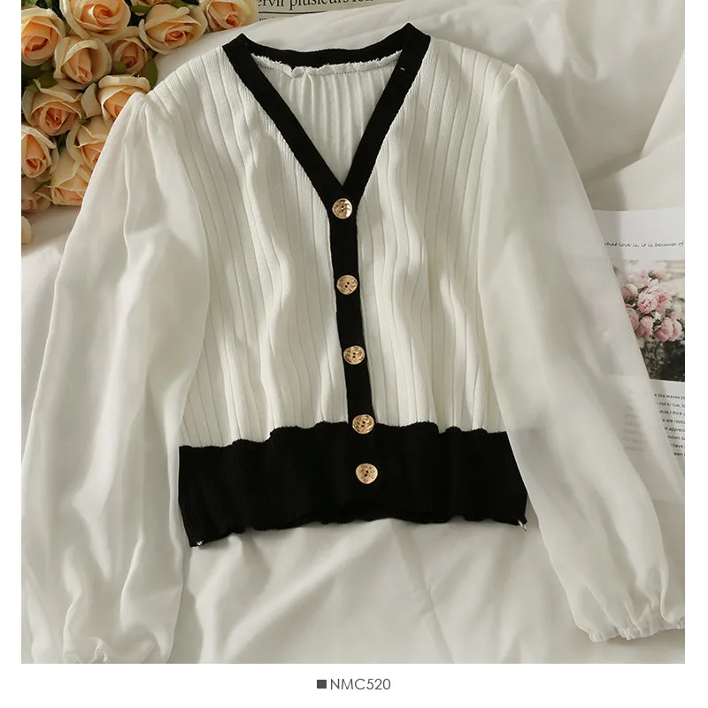 Contrast color stitched Chiffon bubble long sleeve T-shirt for women  1722