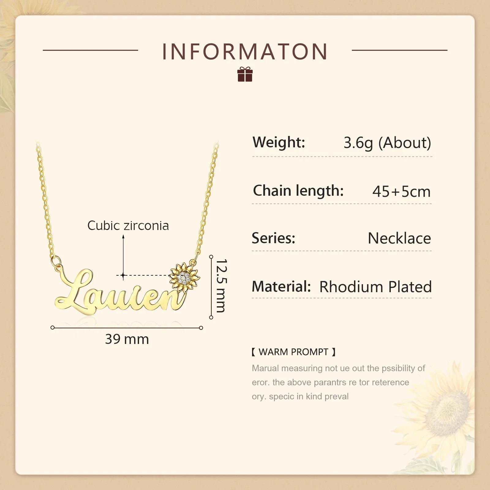 Custom Name Necklace with Cubic Zirconia Sunflower Symbolism