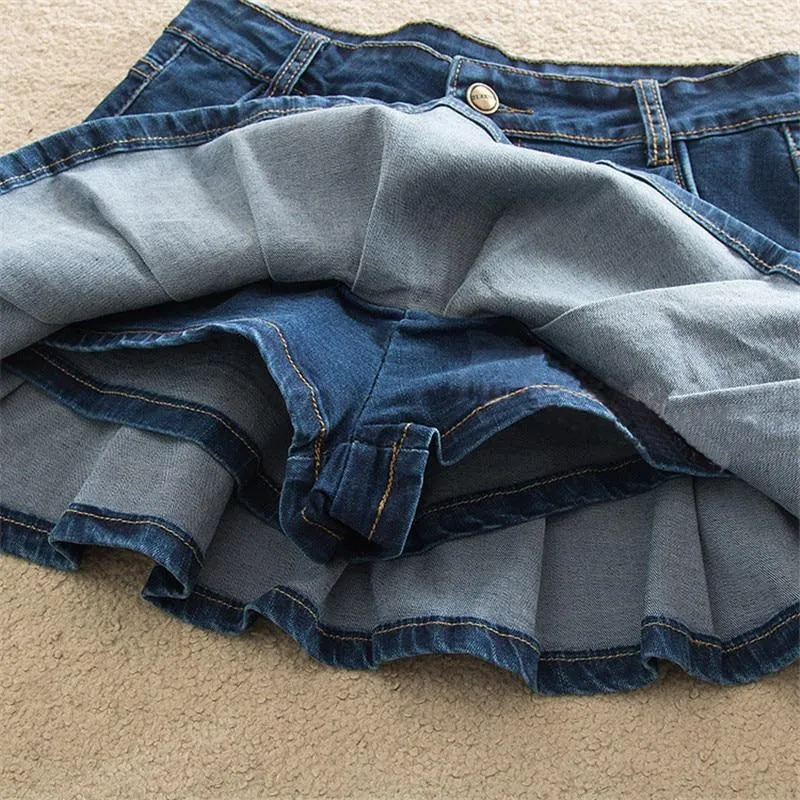 Denim Skirt With Ruffles Plus Size Jeans High Waist Pleated Bottom