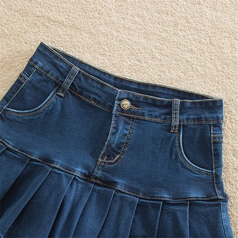 Denim Skirt With Ruffles Plus Size Jeans High Waist Pleated Bottom