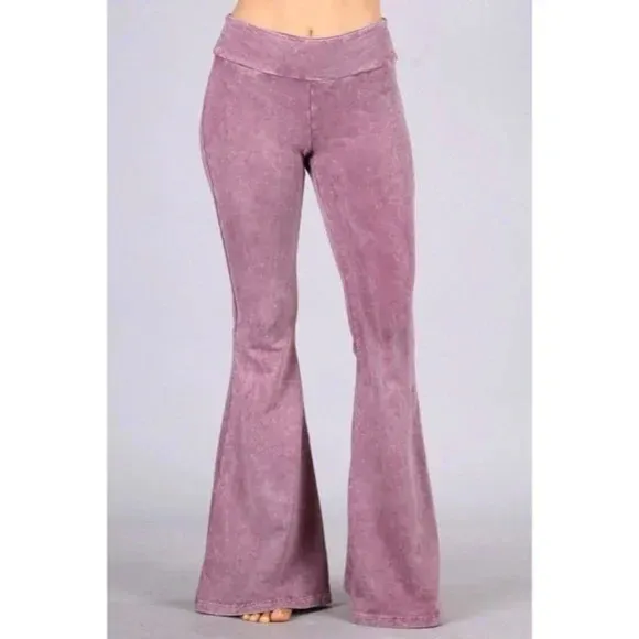 Dusty Rose Mineral Wash French Terry Flared Bell Bottom Pull On Pants w/ Pockets