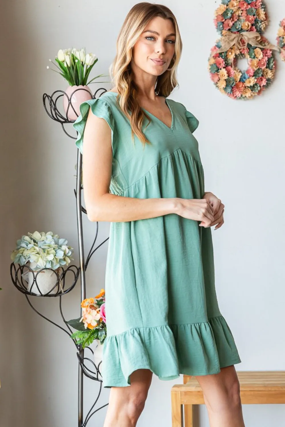 Dusty Sage Flutter Sleeve V Neck Ruffle Hem Dress