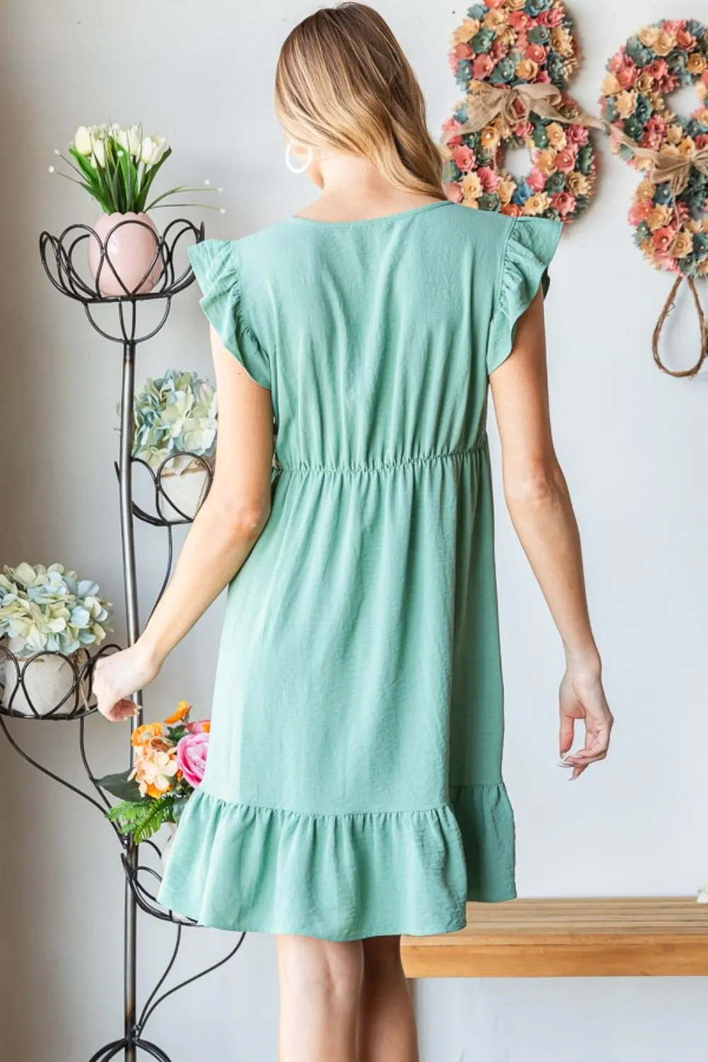 Dusty Sage Flutter Sleeve V Neck Ruffle Hem Dress