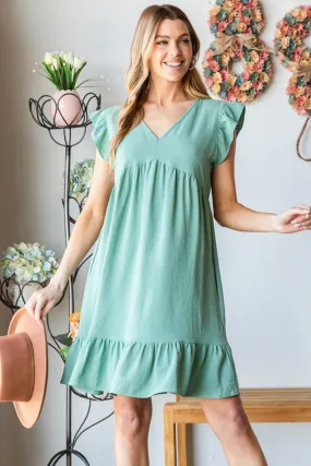 Dusty Sage Flutter Sleeve V Neck Ruffle Hem Dress