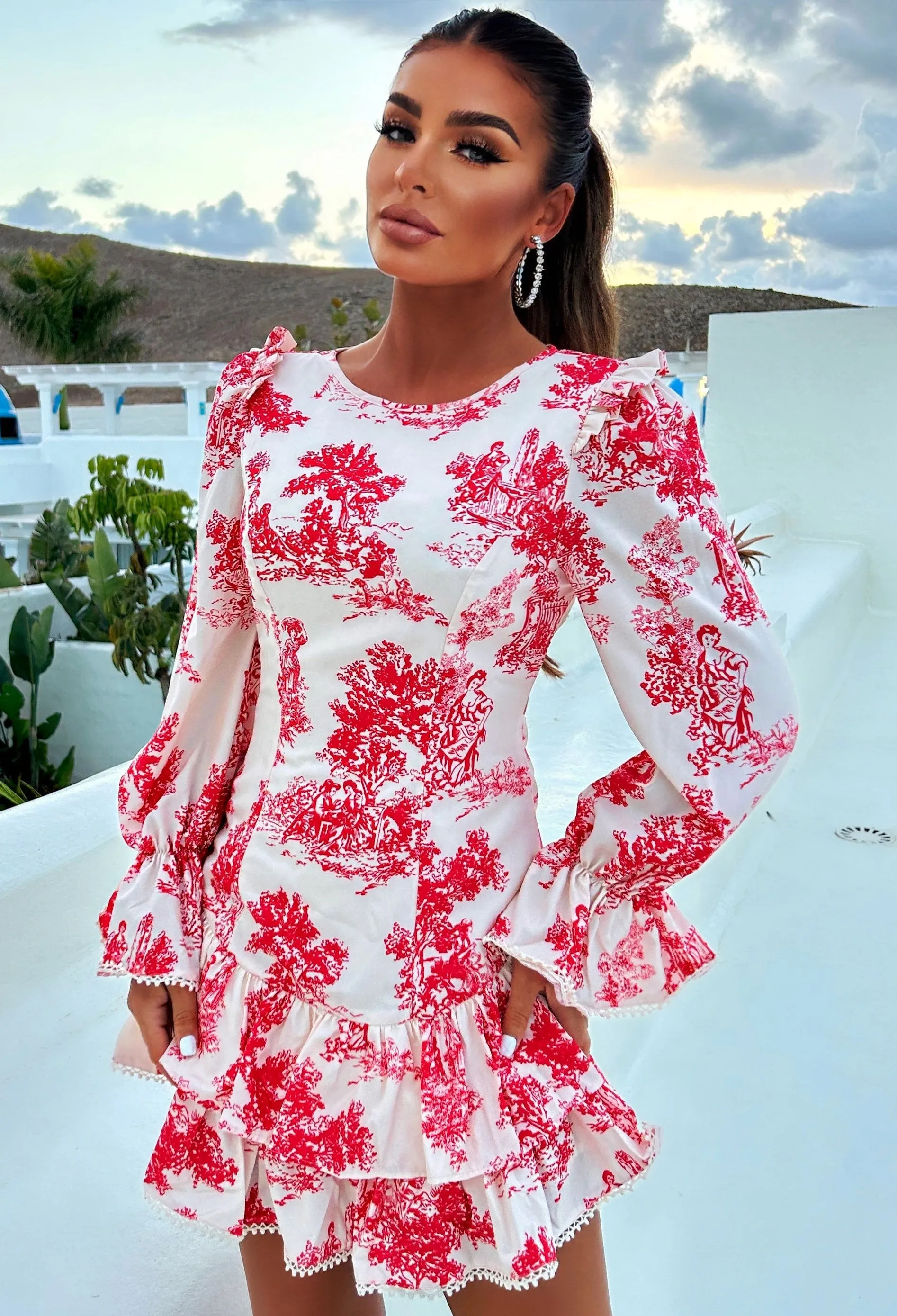 Elegant Affair Red Printed Cut Out Back Long Sleeve Mini Dress