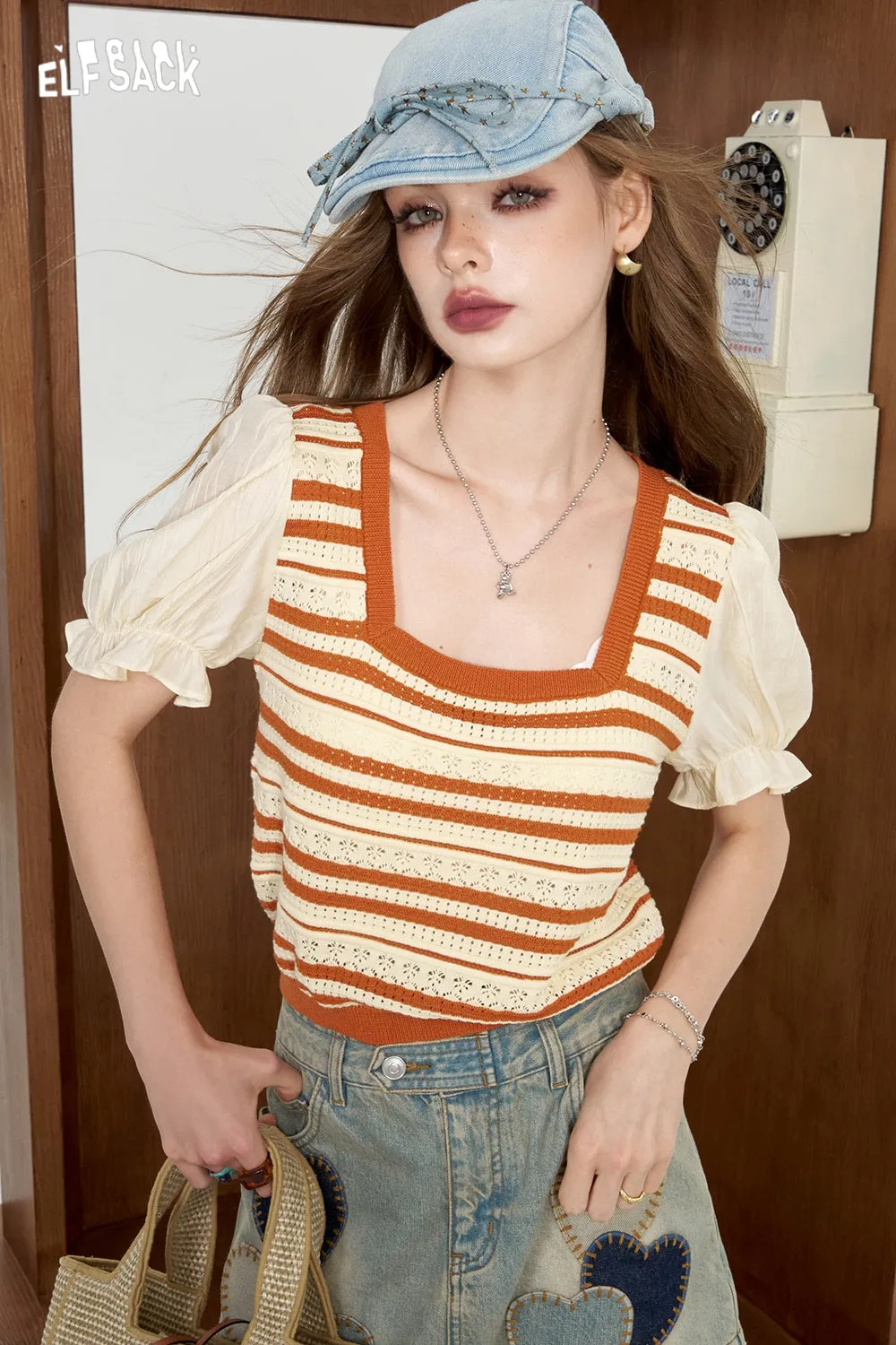 ELFSACK 2024 Summer New Arrivals Chiffon patchwork bubble sleeve striped knitted sweater for women, slim and thin top