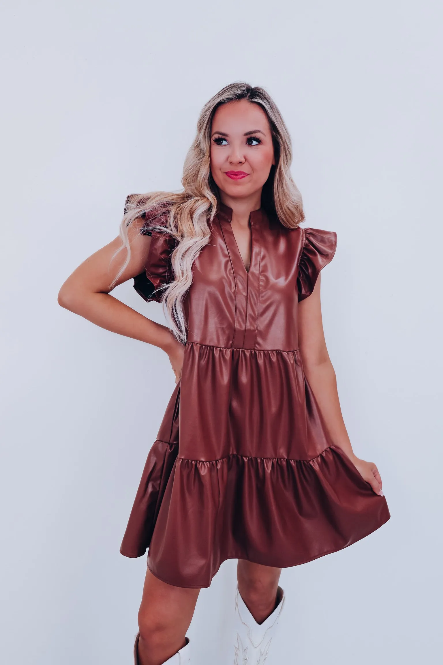 Frisco Faux Leather Babydoll Dress - Brown