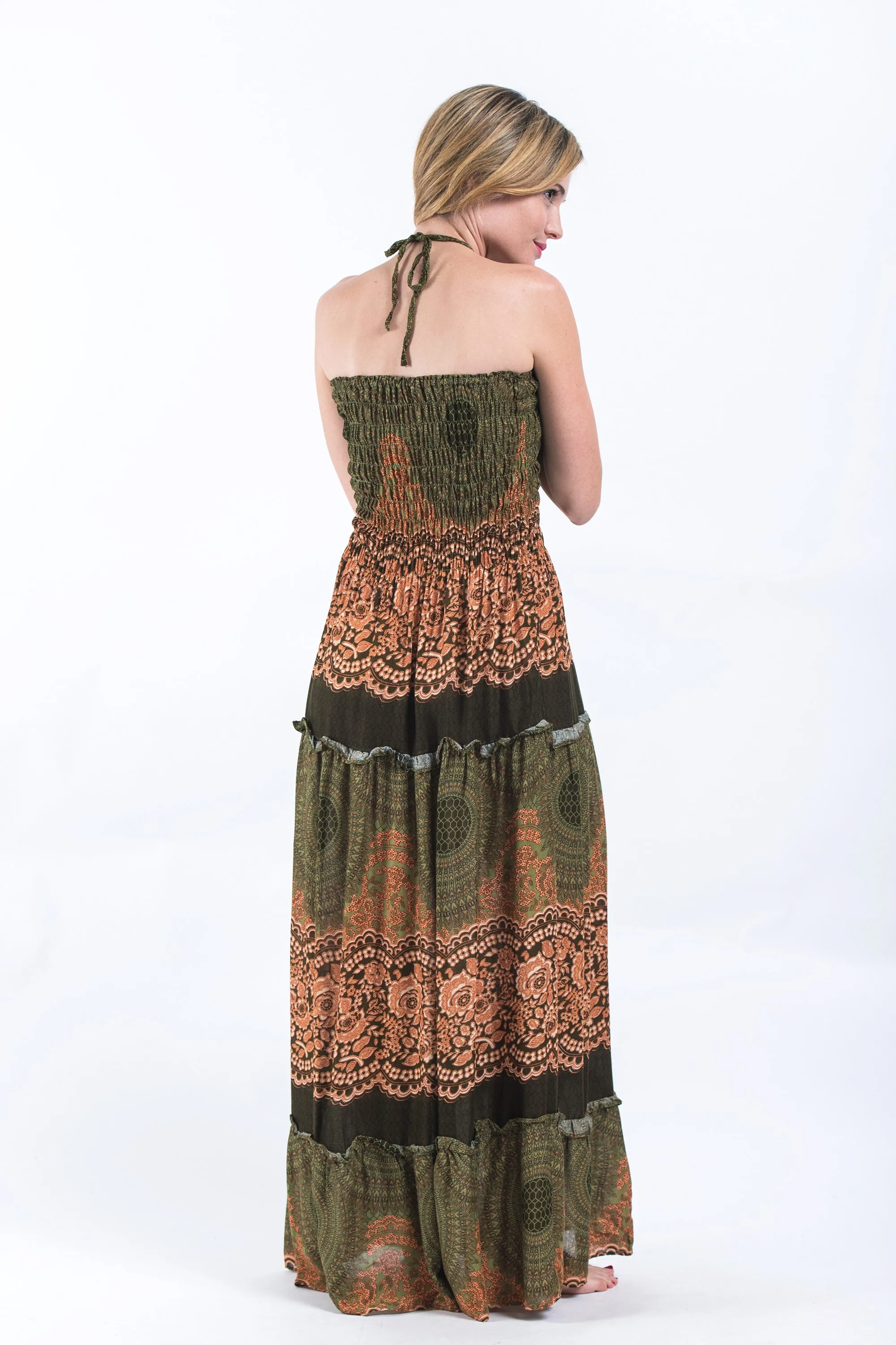 Geometric Mandalas Smocked Bandeau Maxi Dress in Olive