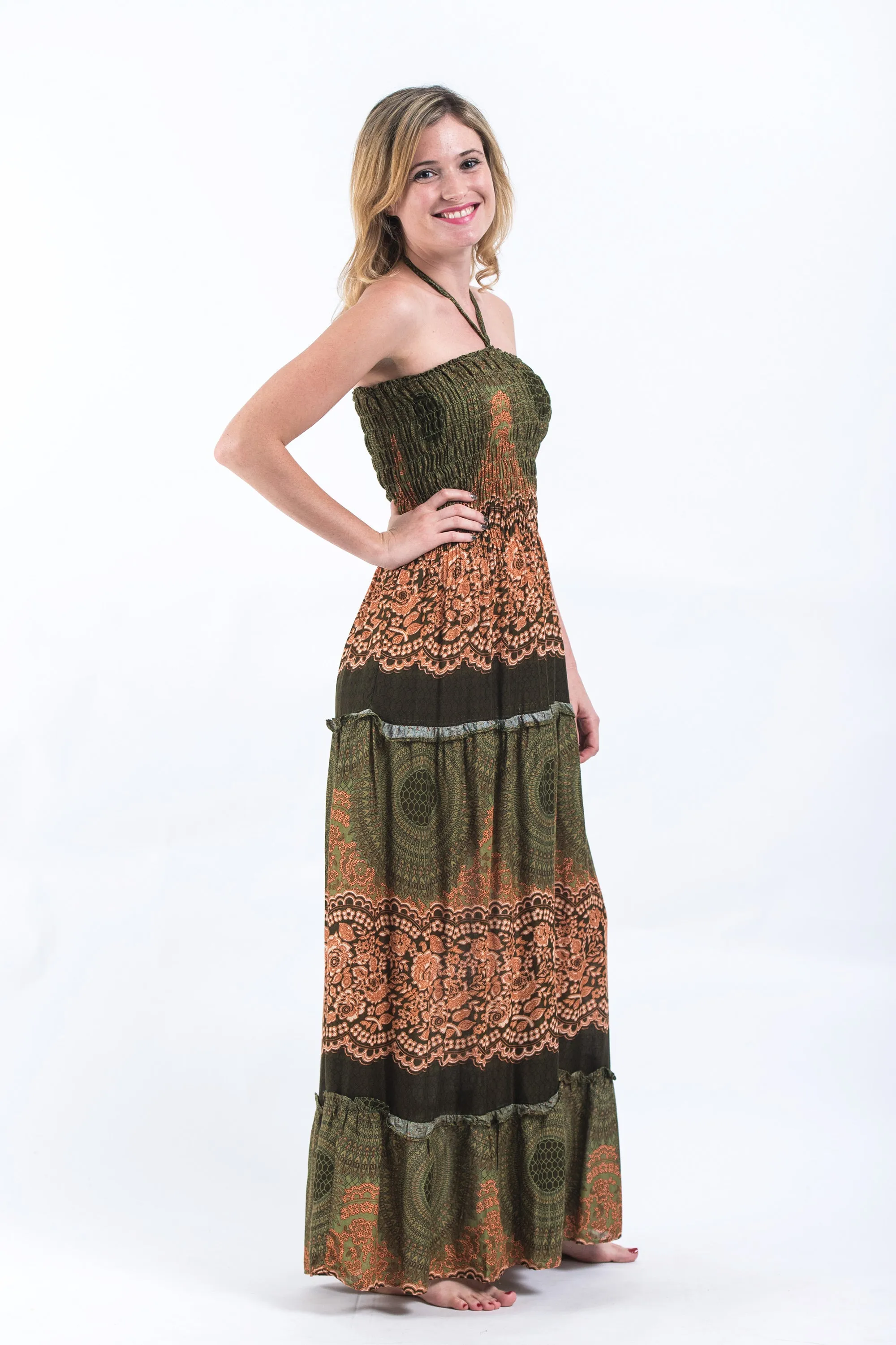 Geometric Mandalas Smocked Bandeau Maxi Dress in Olive