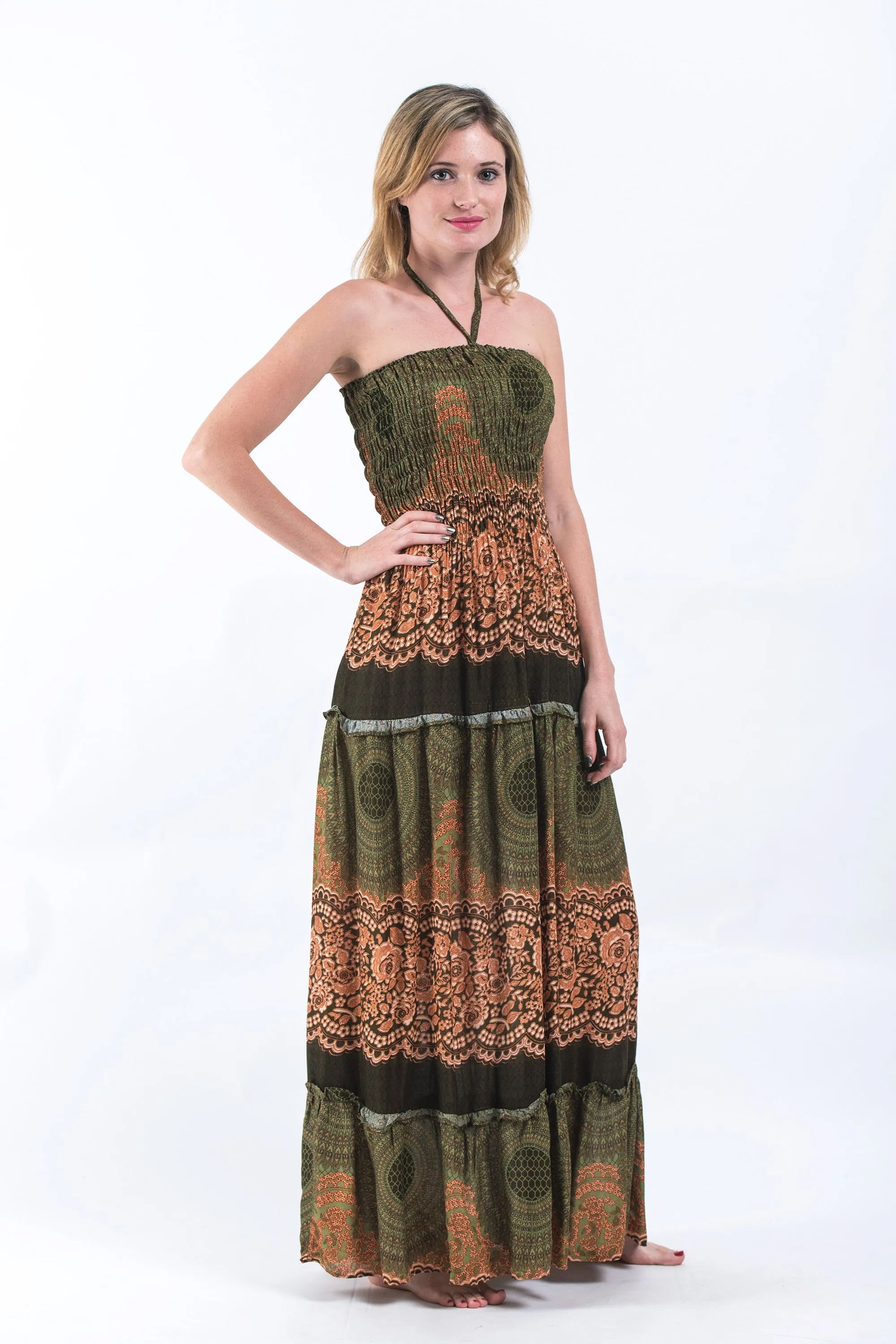 Geometric Mandalas Smocked Bandeau Maxi Dress in Olive