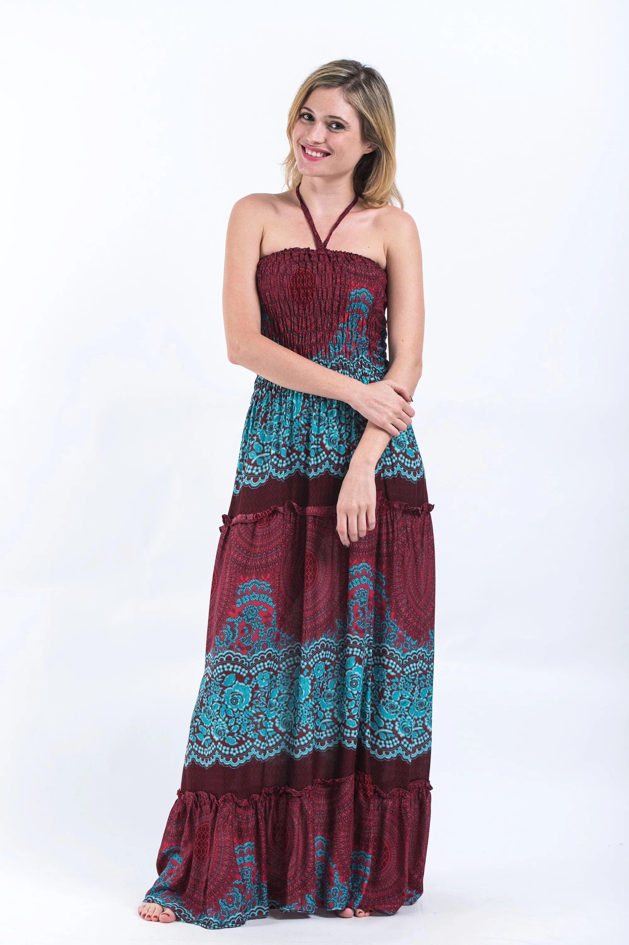 Geometric Mandalas Smocked Bandeau Maxi Dress in Red