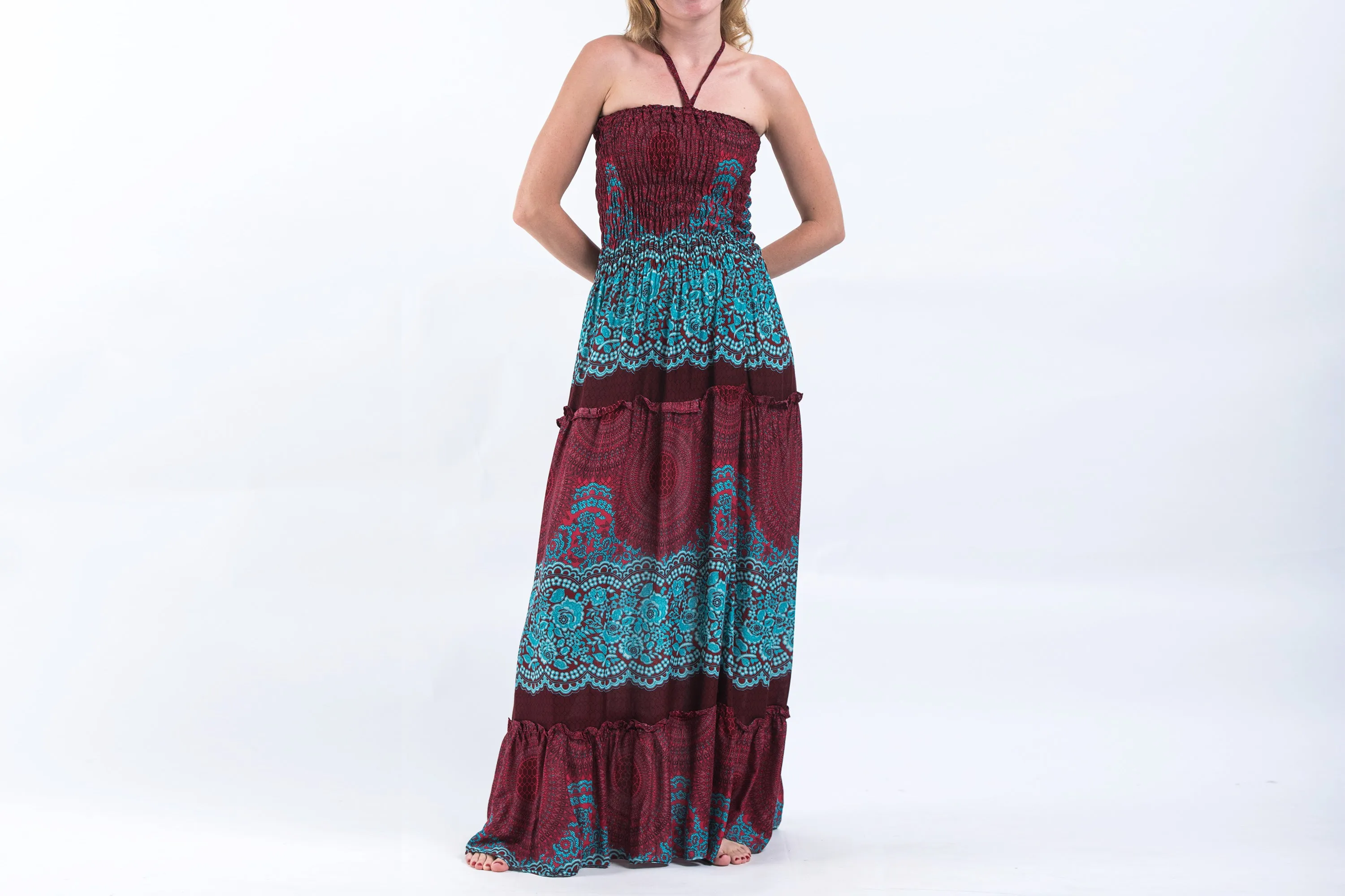 Geometric Mandalas Smocked Bandeau Maxi Dress in Red