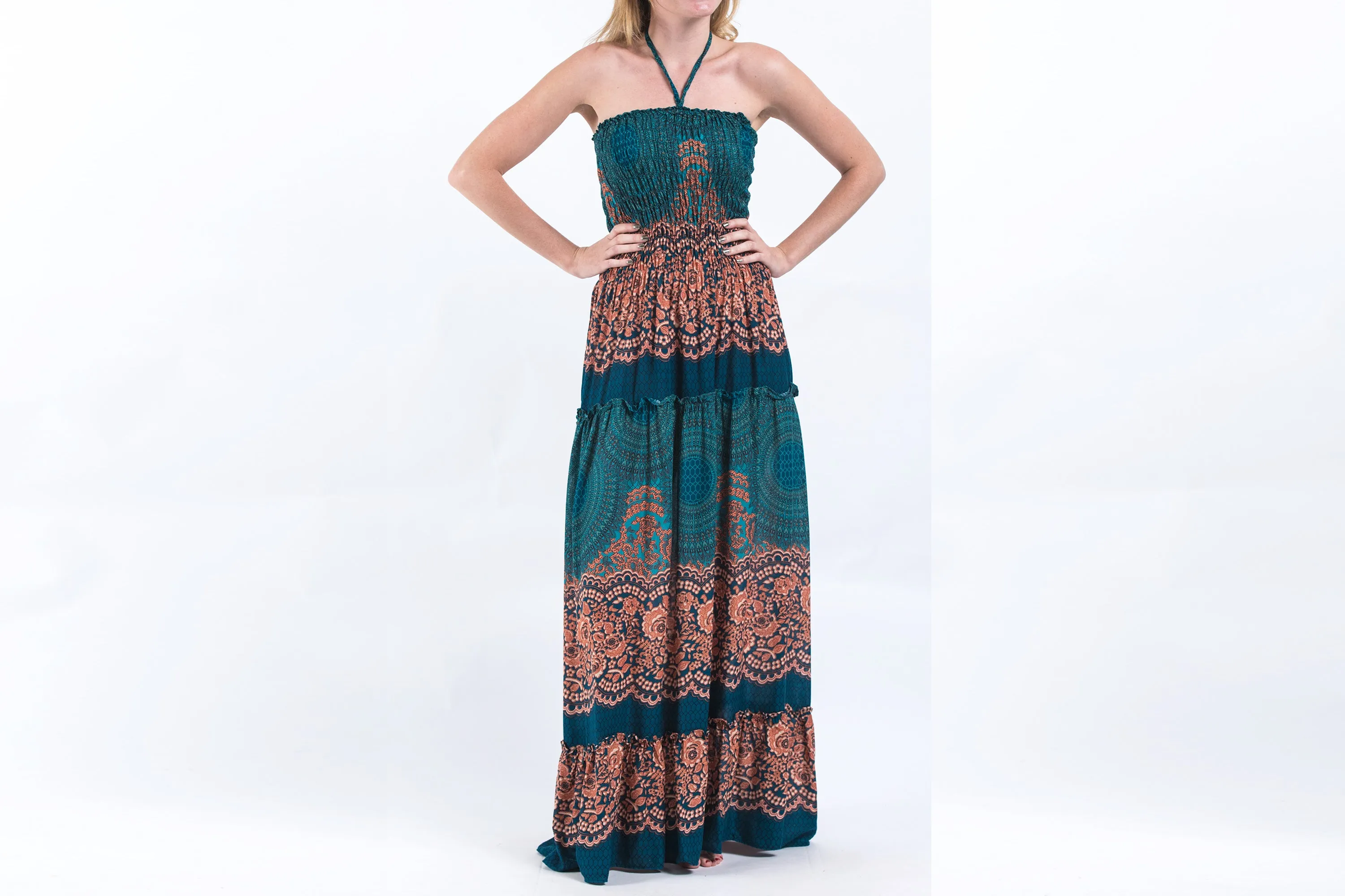 Geometric Mandalas Smocked Bandeau Maxi Dress in Turquoise