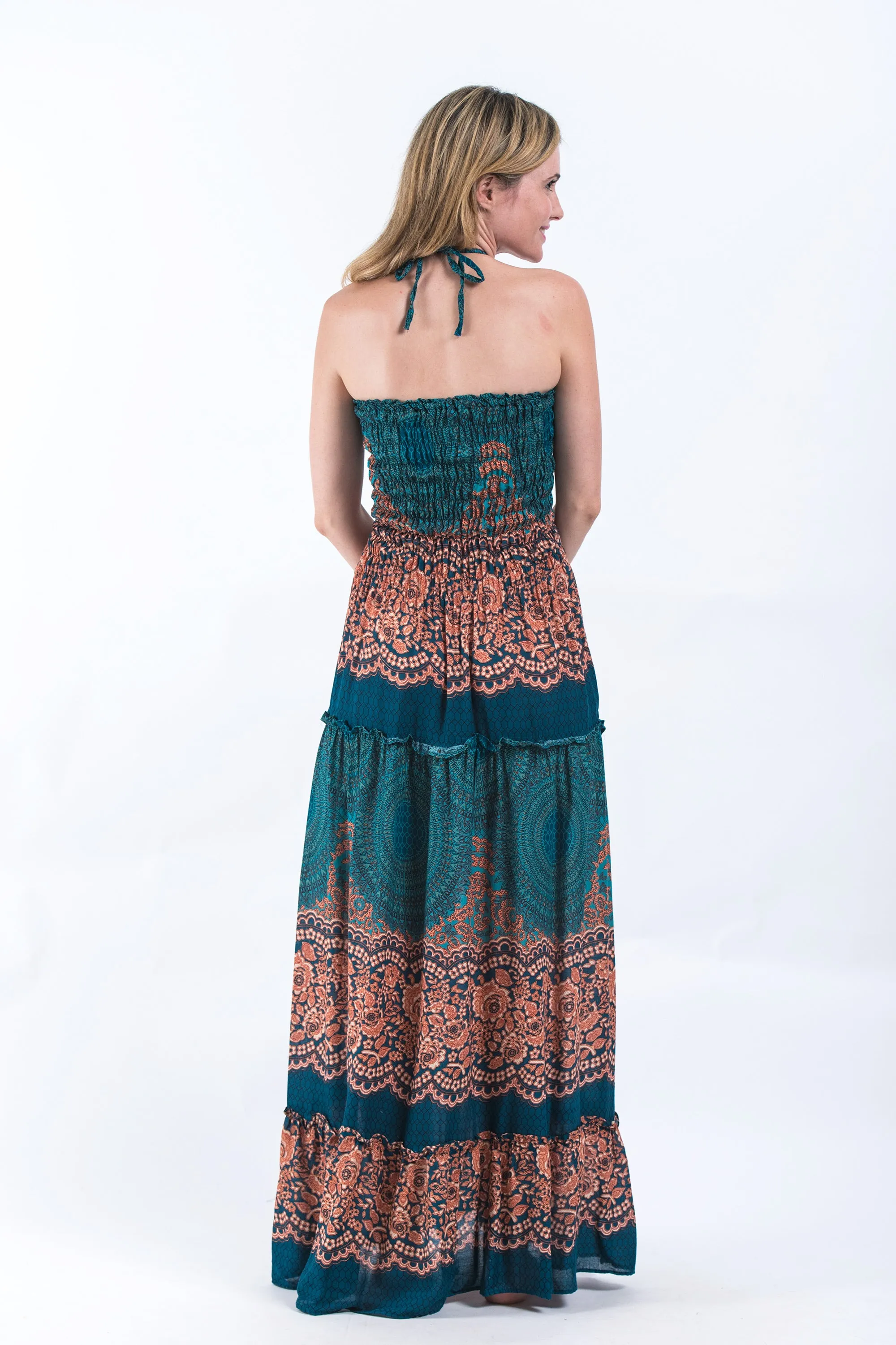 Geometric Mandalas Smocked Bandeau Maxi Dress in Turquoise