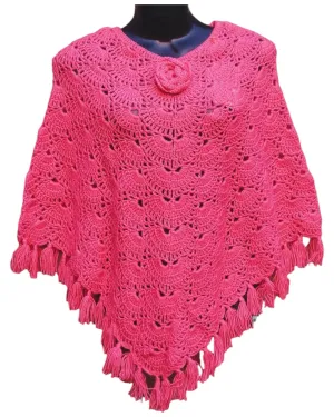 Graminarts Handmade Woolen Crochet Design Girls/Women Poncho - Rose Pink