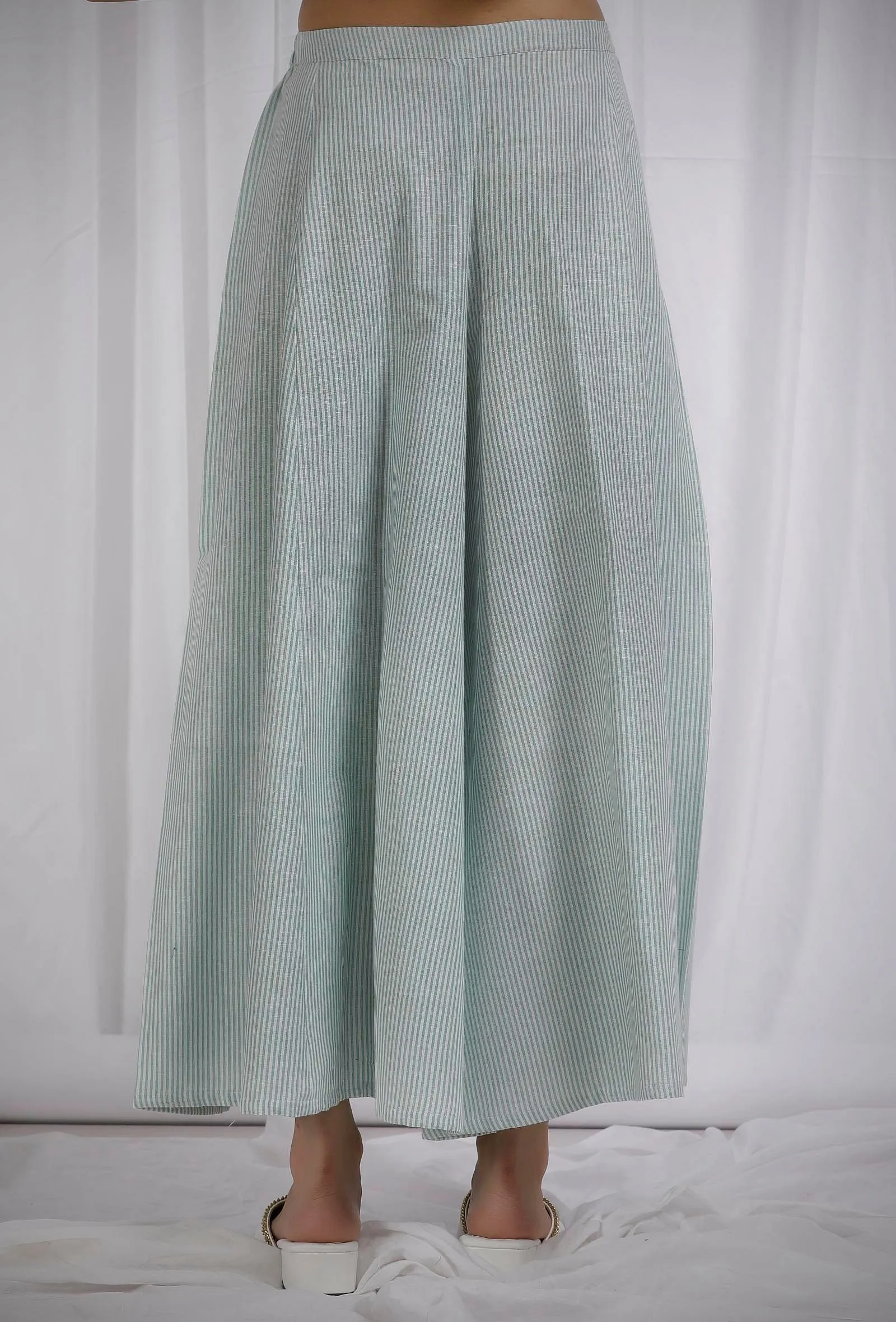 Green Woven Cotton Striped Flared Pants