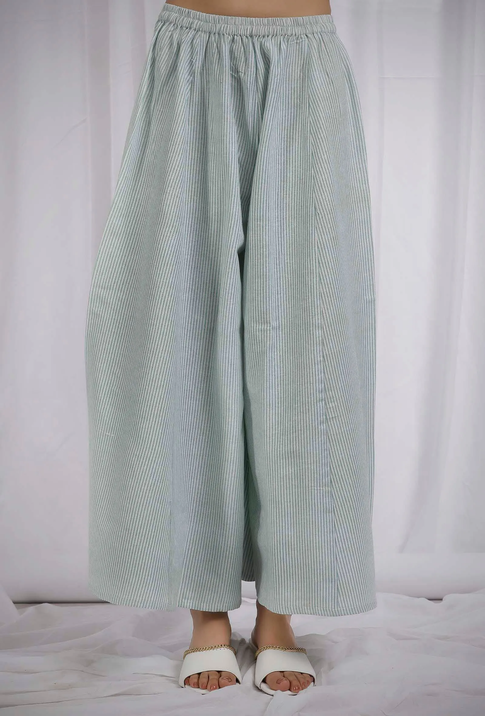 Green Woven Cotton Striped Flared Pants