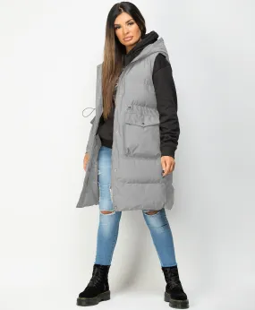 Grey Hooded Drawstring Waist Quilted Long Gilet Bodywarmer