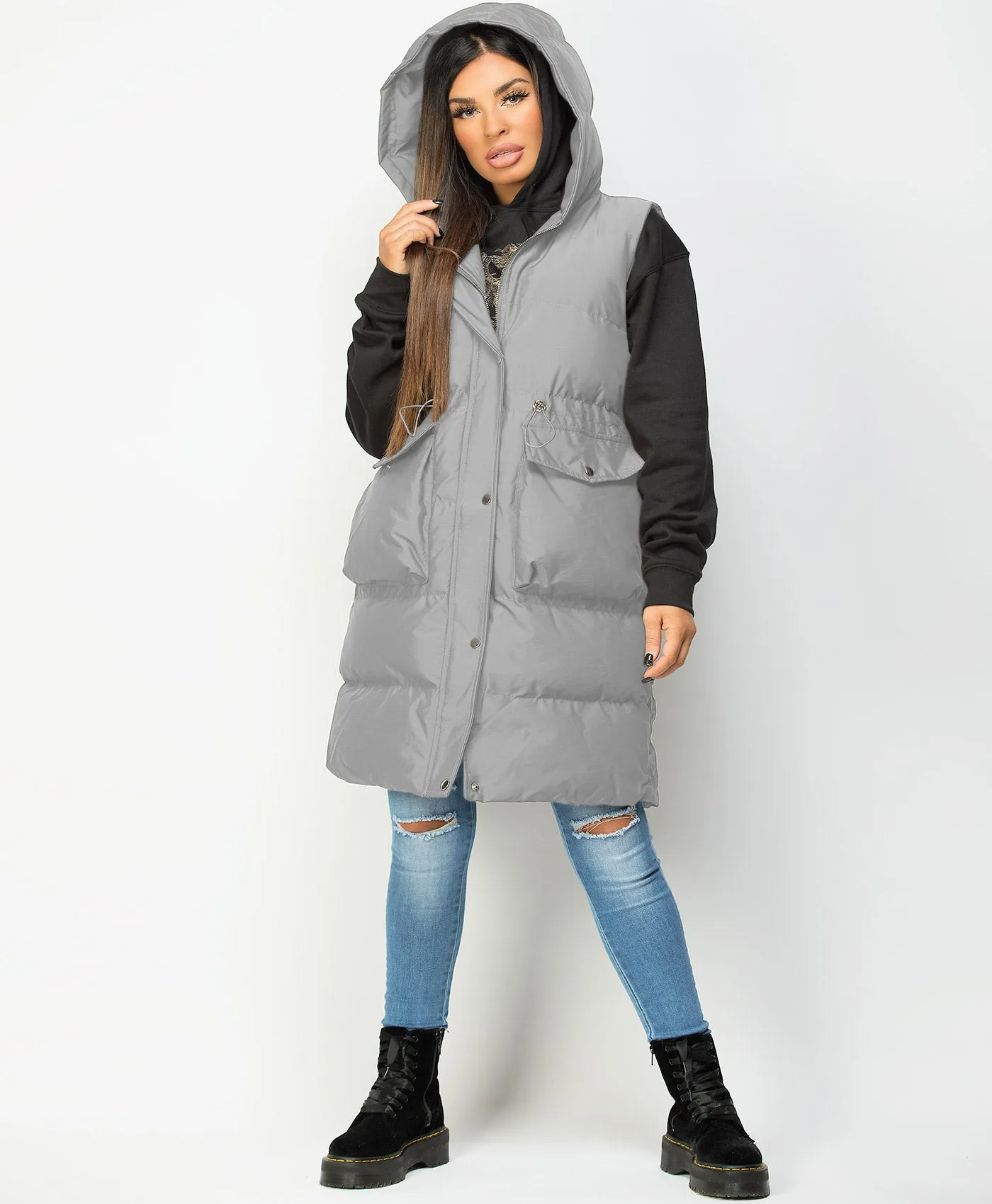 Grey Hooded Drawstring Waist Quilted Long Gilet Bodywarmer