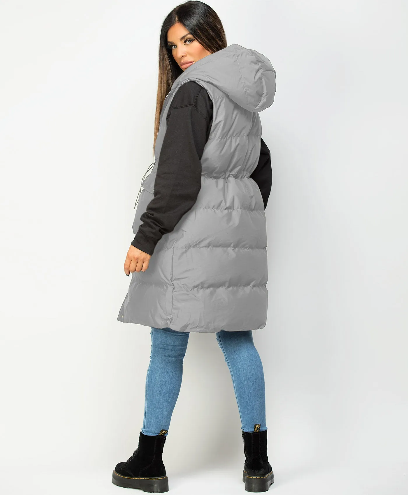 Grey Hooded Drawstring Waist Quilted Long Gilet Bodywarmer