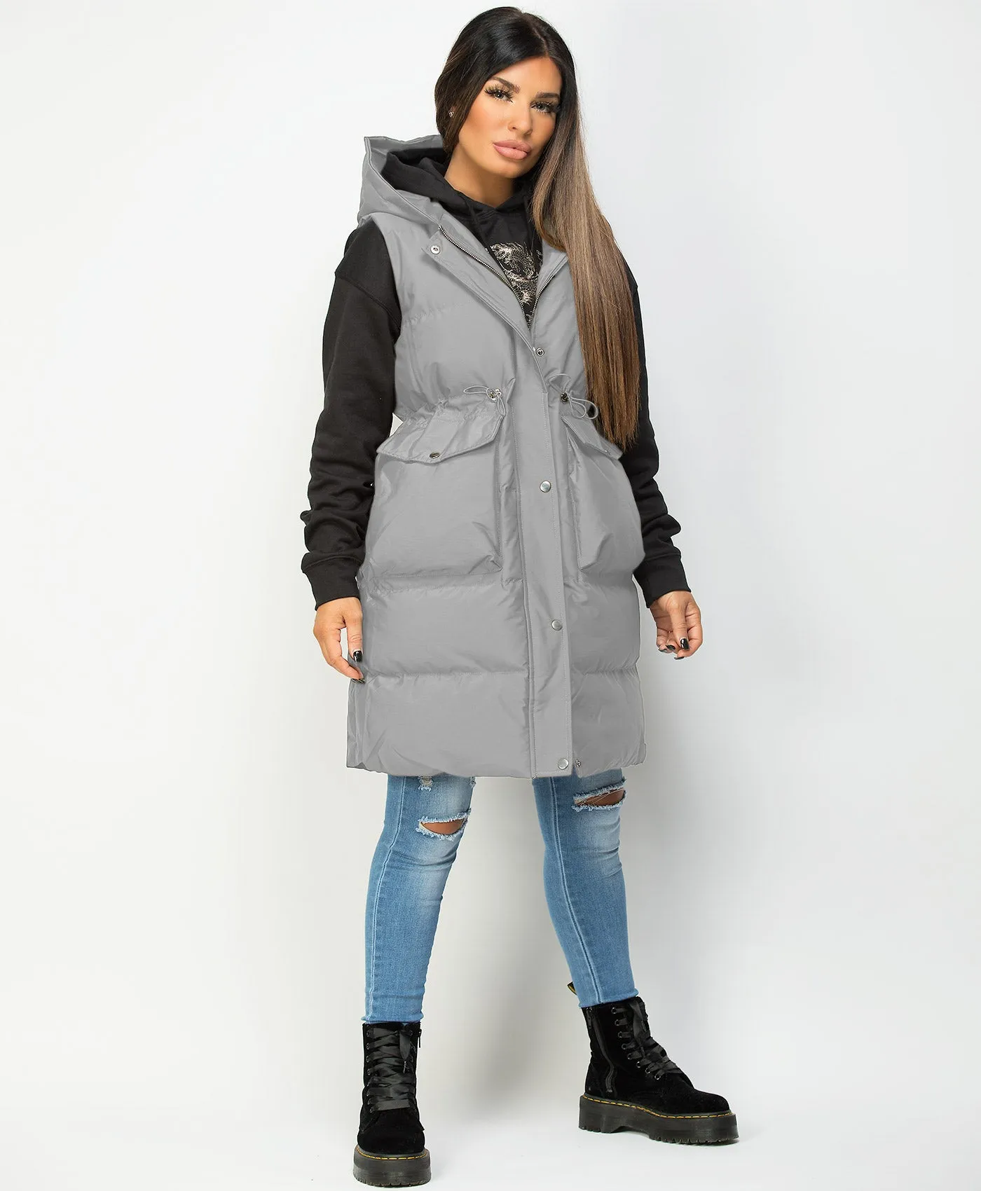 Grey Hooded Drawstring Waist Quilted Long Gilet Bodywarmer