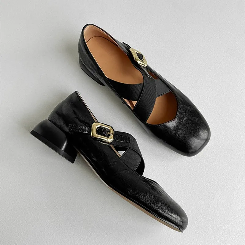 Handmade Leather Mary Jane Shoes Cross Strap Ballet in Black/Brown