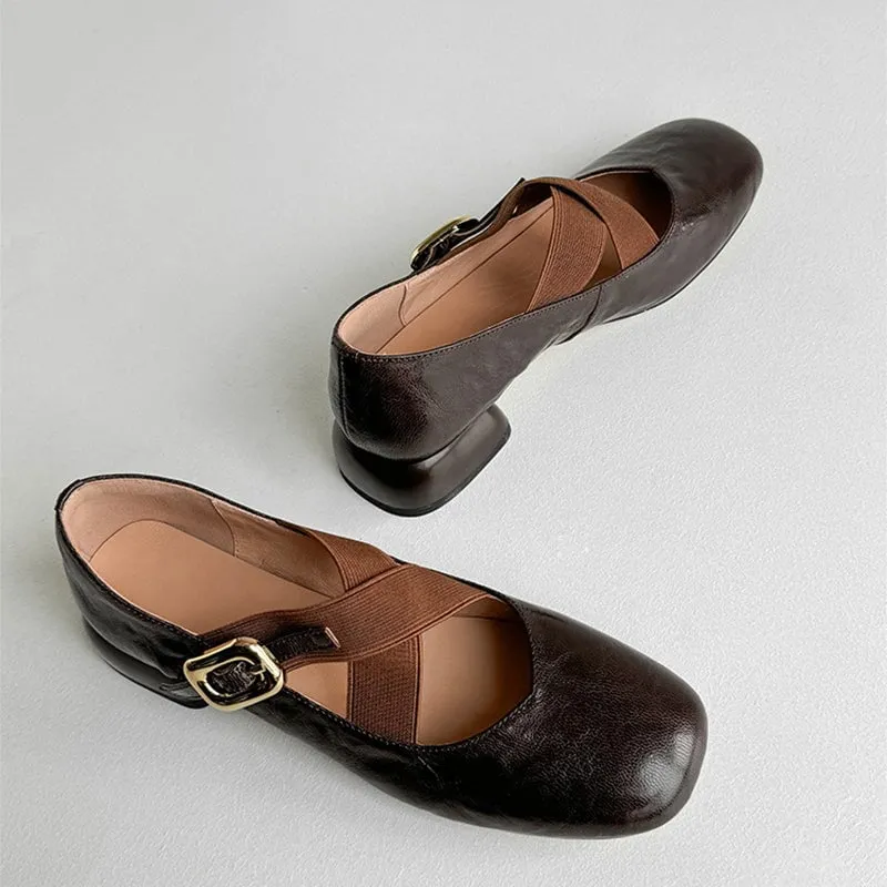 Handmade Leather Mary Jane Shoes Cross Strap Ballet in Black/Brown