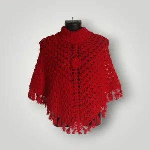 Handmade Woolen Crochet Beautiful Hot Red Poncho For Young Stylish Girls/Women