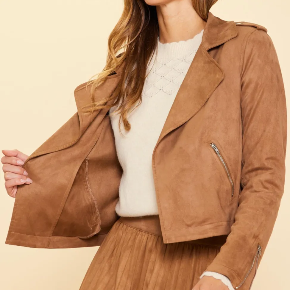 Hey Babe Camel Faux Suede Moto Jacket