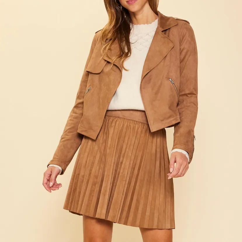 Hey Babe Camel Faux Suede Moto Jacket