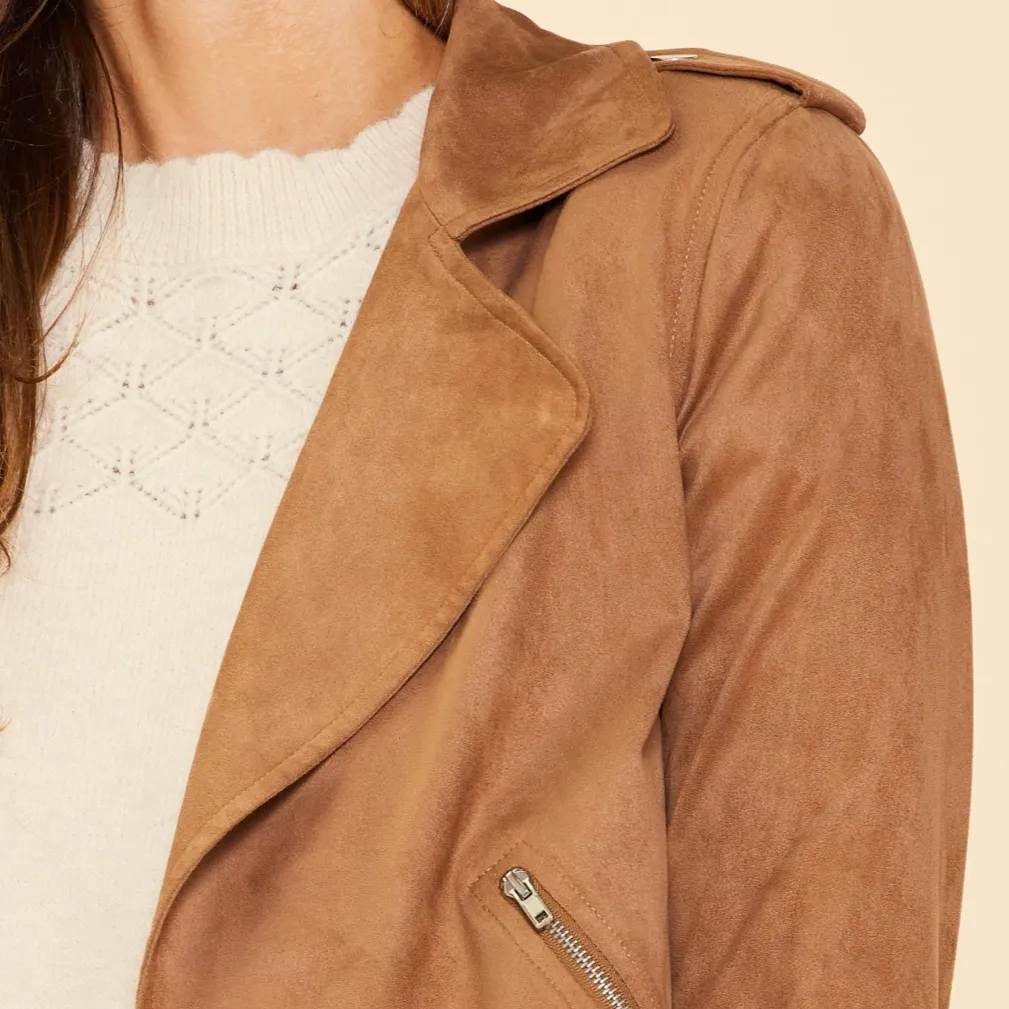 Hey Babe Camel Faux Suede Moto Jacket