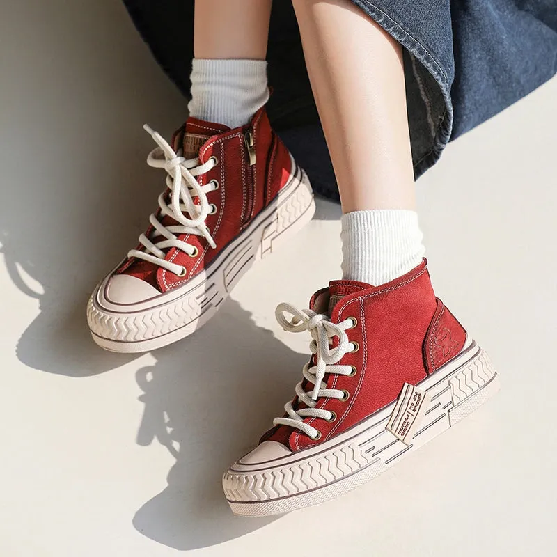 High-top Lace Up Flat Leather Sneakers for Women in Red/Brown/Beige